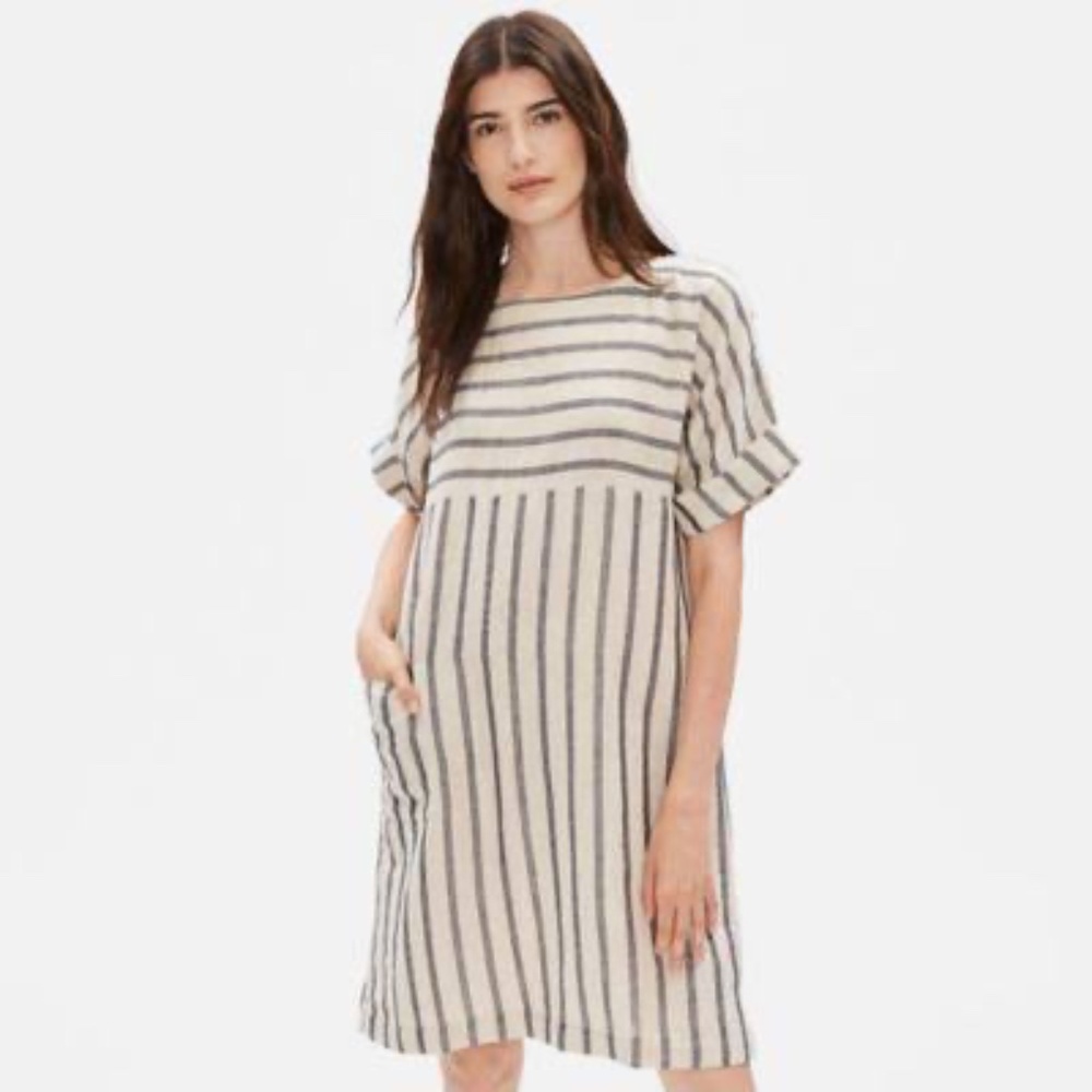 Eileen Fisher Striped Linen + Cotton Blend Shift Dress Size Small